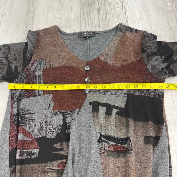 Red Coral Contrast Water Scene Print Half Sleeve Oversized Flowy Blouse Shirt - Picture 8 of 9